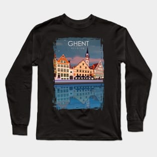 Ghent Blegium Vintage Minimal Retro Travel Poster at Night Long Sleeve T-Shirt